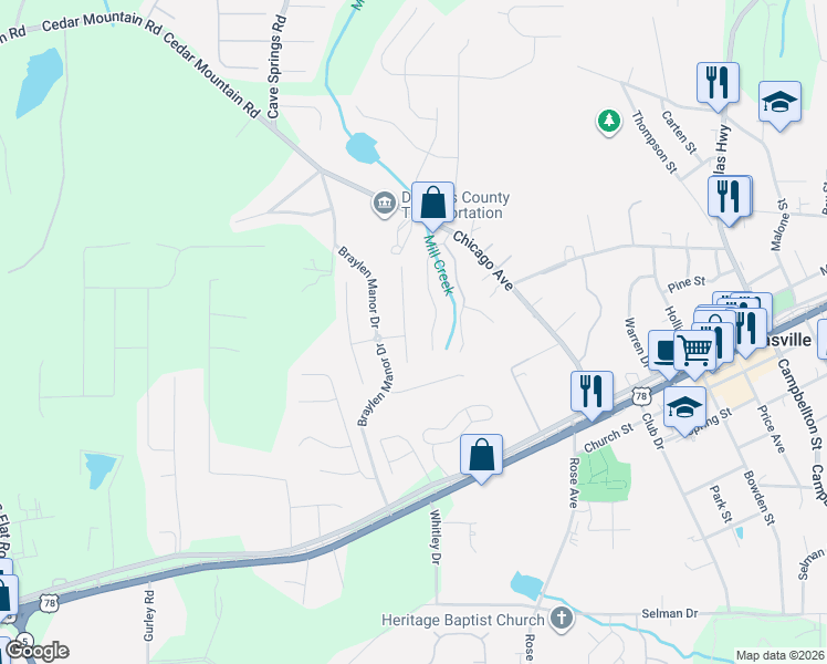 map of restaurants, bars, coffee shops, grocery stores, and more near 8502 Glenview Street in Douglasville