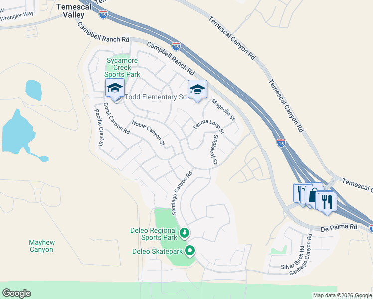 map of restaurants, bars, coffee shops, grocery stores, and more near 25351 Forest Street in Corona