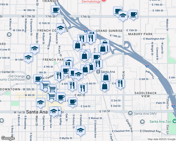 map of restaurants, bars, coffee shops, grocery stores, and more near 942 East Santa Ana Boulevard in Santa Ana