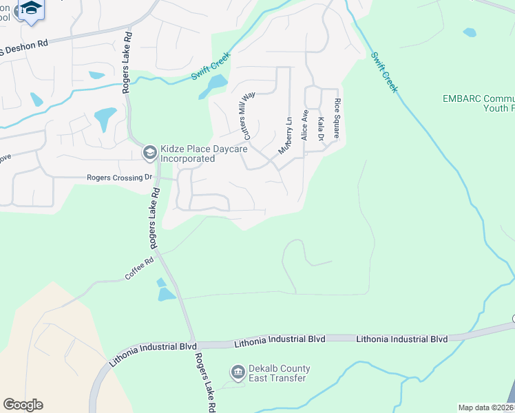 map of restaurants, bars, coffee shops, grocery stores, and more near 7212 Mill Arbor in Lithonia