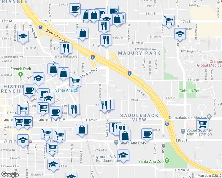 map of restaurants, bars, coffee shops, grocery stores, and more near 706 North Grand Avenue in Santa Ana