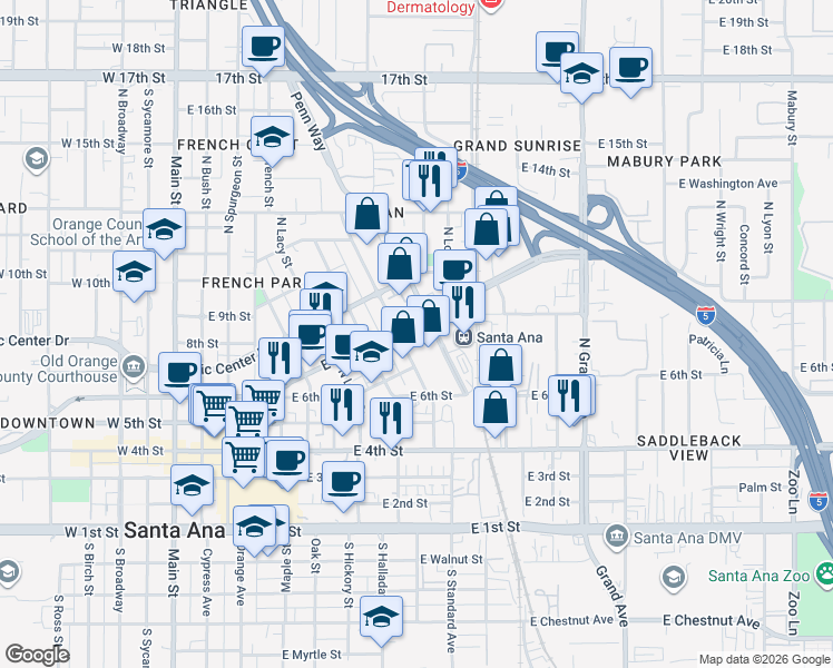 map of restaurants, bars, coffee shops, grocery stores, and more near 920 East Santa Ana Boulevard in Santa Ana