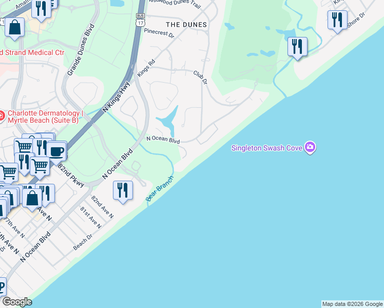 map of restaurants, bars, coffee shops, grocery stores, and more near 130 Vista del Mar Lane in Myrtle Beach