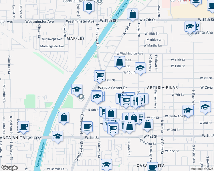 map of restaurants, bars, coffee shops, grocery stores, and more near 2201 West Civic Center Drive in Santa Ana