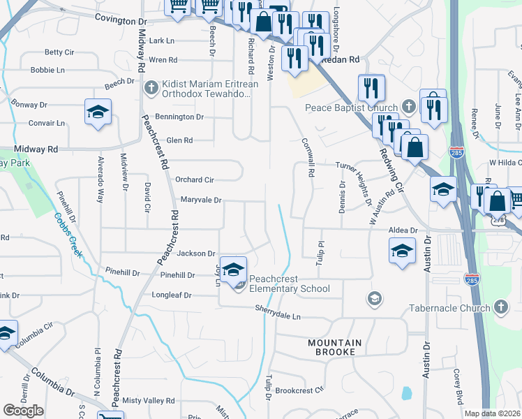 map of restaurants, bars, coffee shops, grocery stores, and more near 1415 Cobb Branch Drive in Decatur
