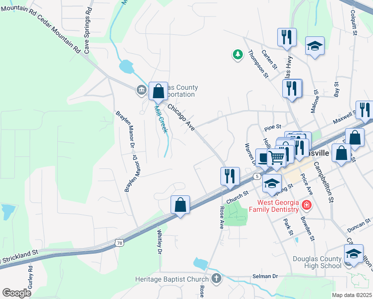 map of restaurants, bars, coffee shops, grocery stores, and more near 8349 Ramblin Court in Douglasville