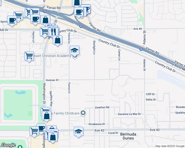 map of restaurants, bars, coffee shops, grocery stores, and more near 40825 Starlight Lane in Bermuda Dunes
