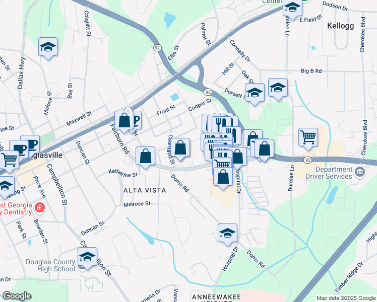 map of restaurants, bars, coffee shops, grocery stores, and more near 6218 Hospital Way in Douglasville