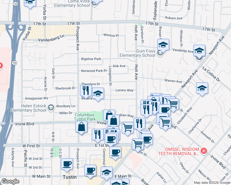 map of restaurants, bars, coffee shops, grocery stores, and more near 18062 Lucero Way in Tustin