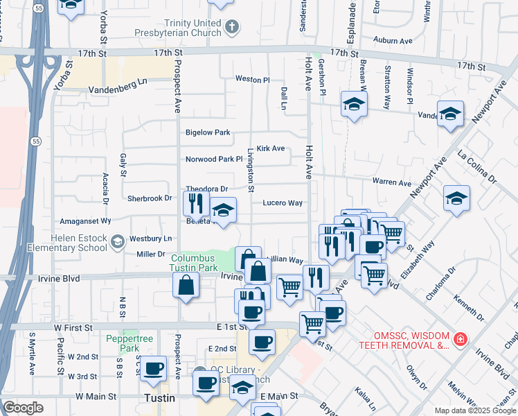 map of restaurants, bars, coffee shops, grocery stores, and more near 18062 Lucero Way in Tustin