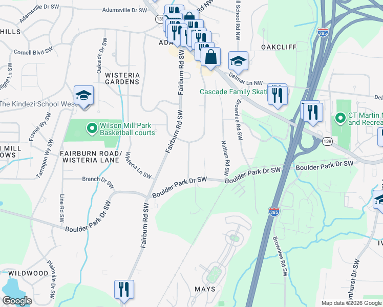 map of restaurants, bars, coffee shops, grocery stores, and more near 263 Boulder Park Lane Southwest in Atlanta