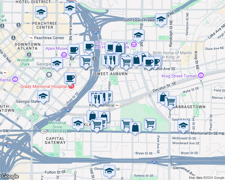 map of restaurants, bars, coffee shops, grocery stores, and more near 110 Hilliard Street Southeast in Atlanta