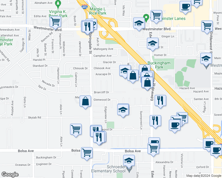 map of restaurants, bars, coffee shops, grocery stores, and more near 14481 Fairview Lane in Huntington Beach