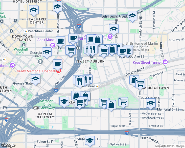 map of restaurants, bars, coffee shops, grocery stores, and more near 110 Hilliard Street Northeast in Atlanta