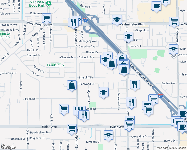 map of restaurants, bars, coffee shops, grocery stores, and more near 14481 Fairview Lane in Huntington Beach