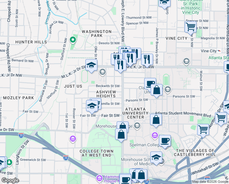 map of restaurants, bars, coffee shops, grocery stores, and more near 946 Palmetto Avenue Southwest in Atlanta