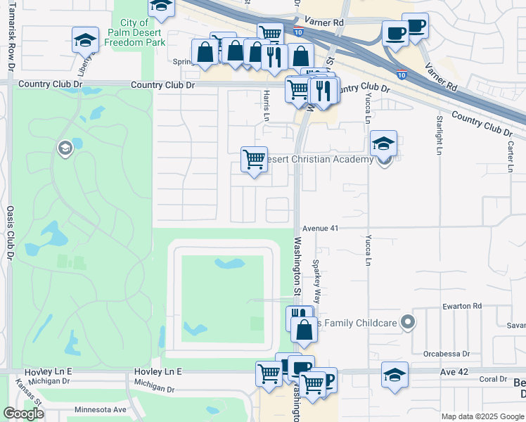 map of restaurants, bars, coffee shops, grocery stores, and more near 40770 Breezy Pass Road in Palm Desert