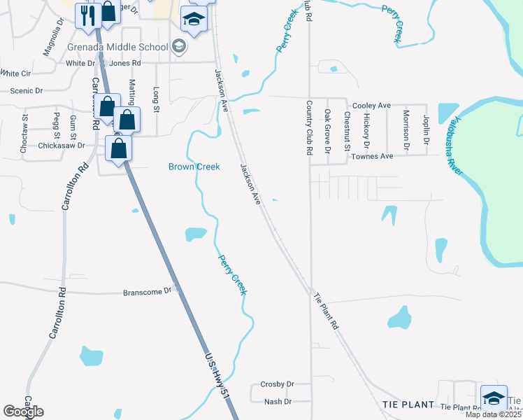 map of restaurants, bars, coffee shops, grocery stores, and more near Jackson Avenue in Grenada