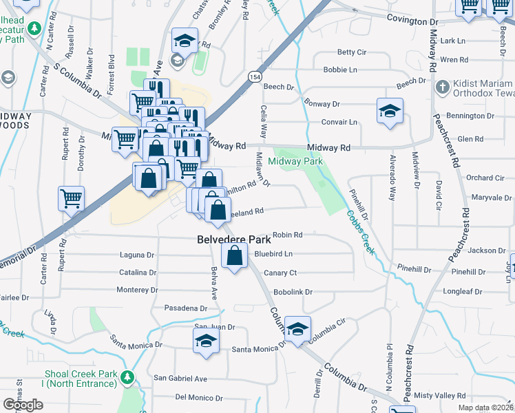 map of restaurants, bars, coffee shops, grocery stores, and more near 3114 Leeland Road in Decatur