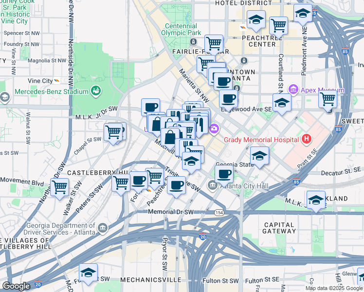 map of restaurants, bars, coffee shops, grocery stores, and more near 117 Peachtree Street in Atlanta