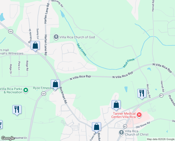 map of restaurants, bars, coffee shops, grocery stores, and more near 613 Hemlock Court in Villa Rica