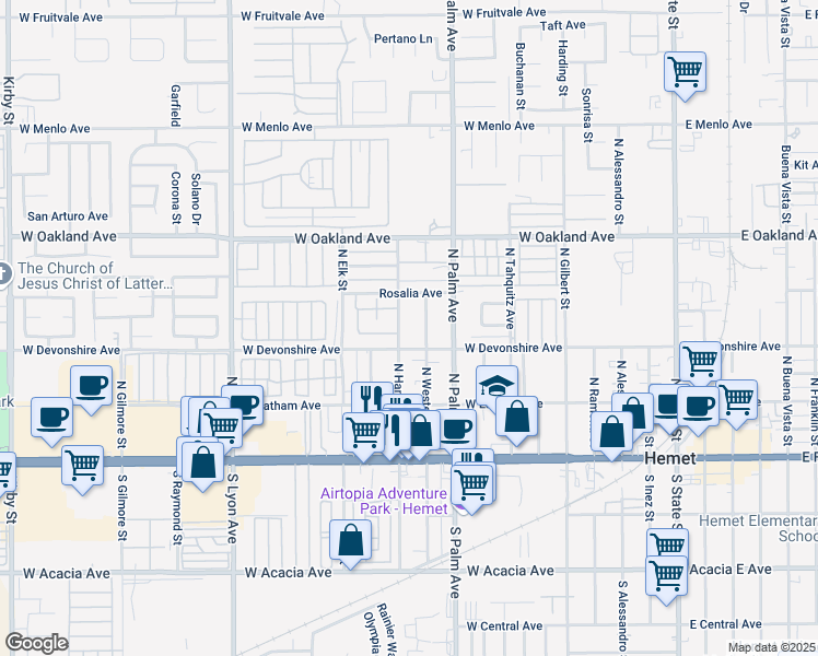 map of restaurants, bars, coffee shops, grocery stores, and more near 1018 West Devonshire Avenue in Hemet