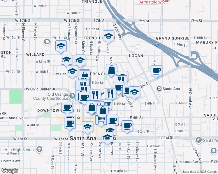 map of restaurants, bars, coffee shops, grocery stores, and more near 419 Civic Center Drive East in Santa Ana