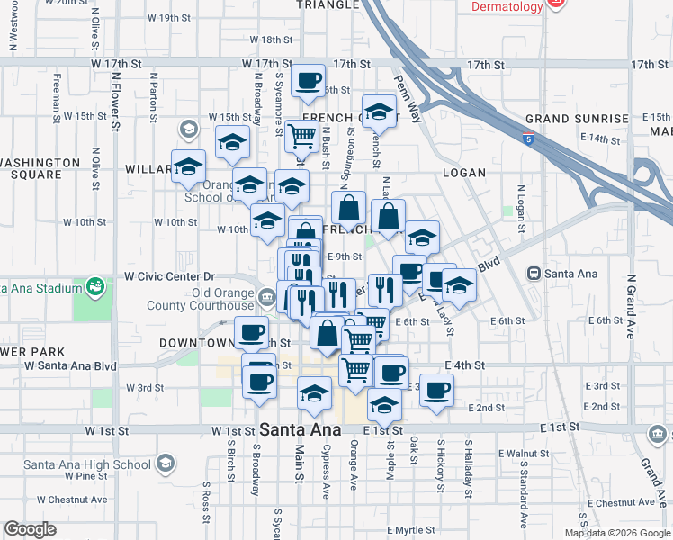 map of restaurants, bars, coffee shops, grocery stores, and more near 301 8th Street in Santa Ana