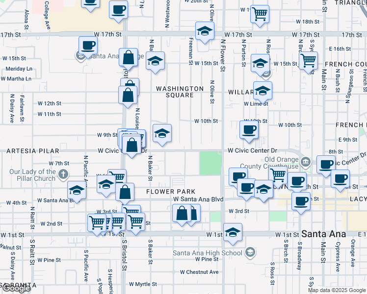 map of restaurants, bars, coffee shops, grocery stores, and more near 1107 West Civic Center Drive in Santa Ana