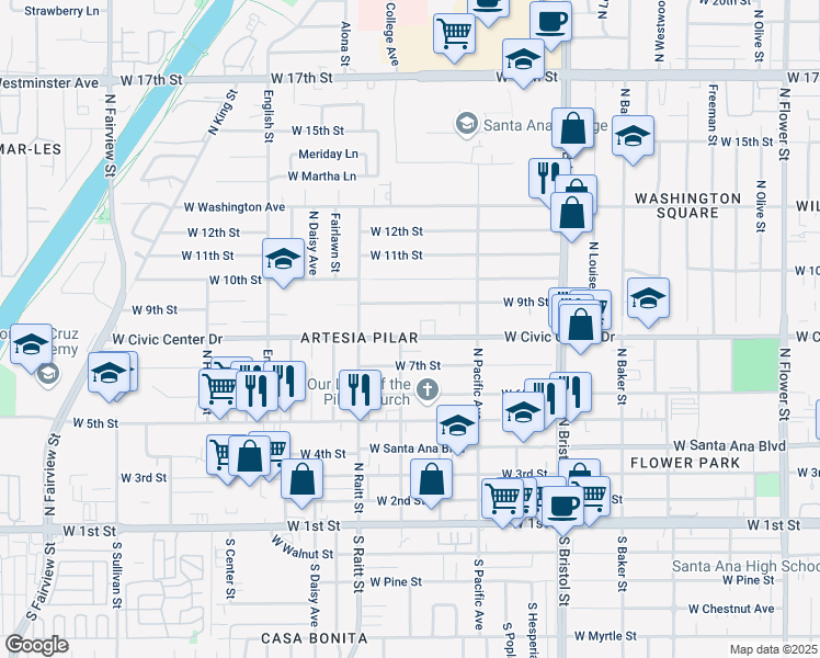 map of restaurants, bars, coffee shops, grocery stores, and more near 1618 West Civic Center Drive in Santa Ana