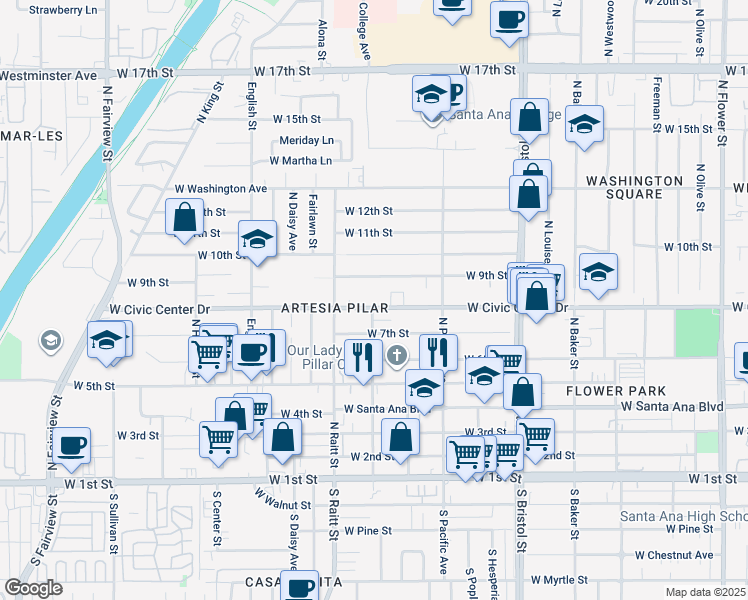 map of restaurants, bars, coffee shops, grocery stores, and more near 1618 West Civic Center Drive in Santa Ana