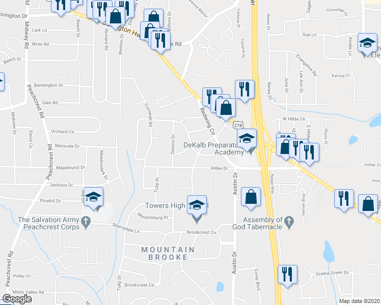 map of restaurants, bars, coffee shops, grocery stores, and more near 3755 Turner Heights Drive in Decatur