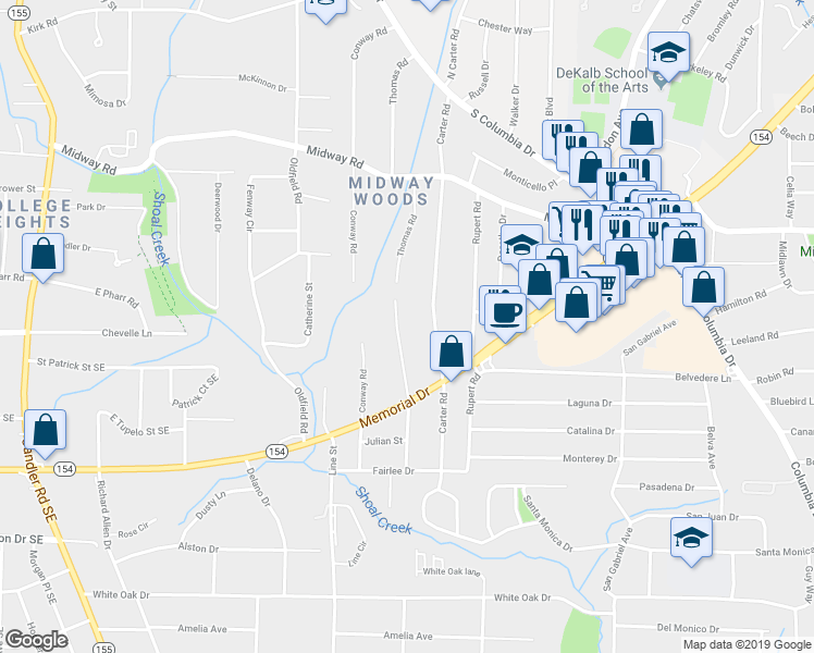 map of restaurants, bars, coffee shops, grocery stores, and more near 1436 Thomas Road in Decatur