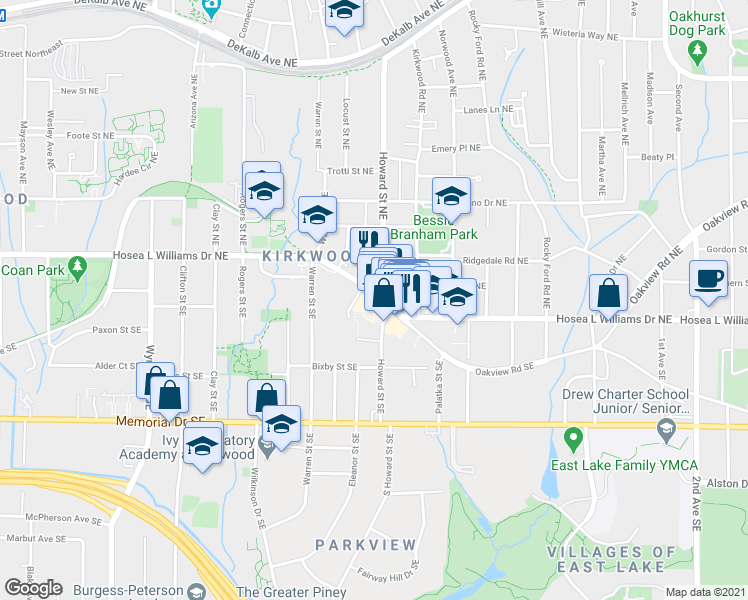 map of restaurants, bars, coffee shops, grocery stores, and more near 44 Doyle Street Southeast in Atlanta