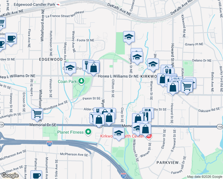 map of restaurants, bars, coffee shops, grocery stores, and more near 68 Clifton Street Southeast in Atlanta