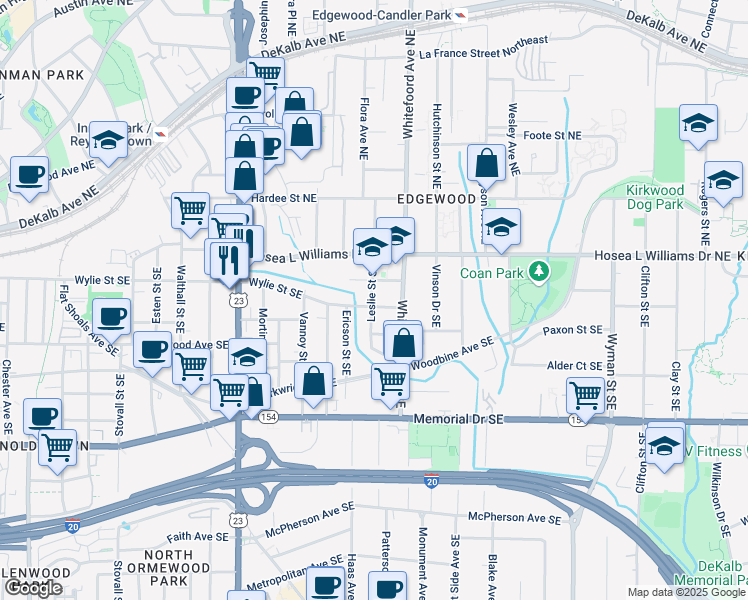 map of restaurants, bars, coffee shops, grocery stores, and more near 1352 Wylie Street Southeast in Atlanta