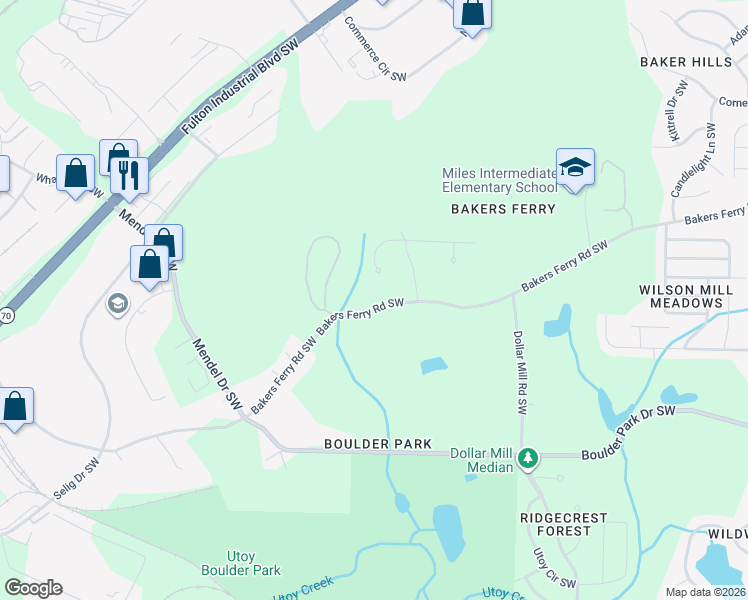 map of restaurants, bars, coffee shops, grocery stores, and more near 4480 Bakers Ferry Road Southwest in Atlanta