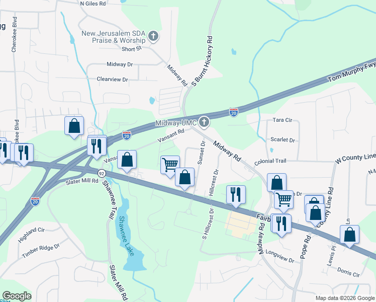 map of restaurants, bars, coffee shops, grocery stores, and more near 1974 Skyview Circle in Douglasville