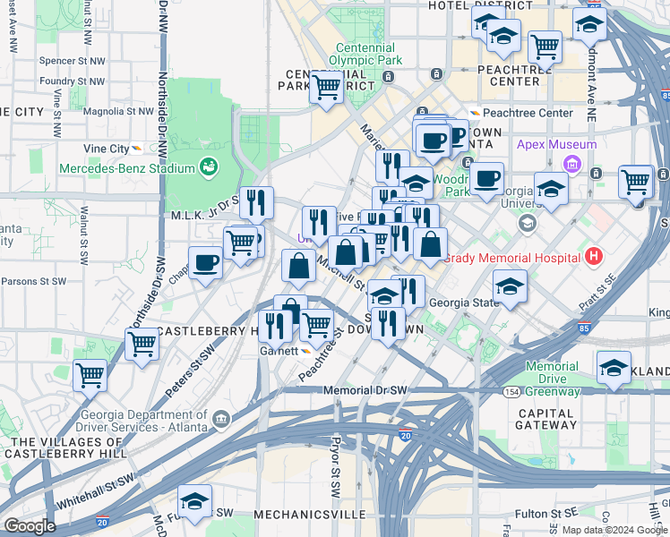 map of restaurants, bars, coffee shops, grocery stores, and more near 205 Mitchell Street Southwest in Atlanta