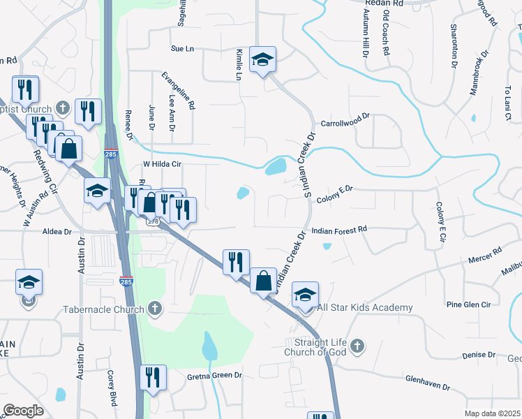 map of restaurants, bars, coffee shops, grocery stores, and more near 4057 Indian Creek Circle in Stone Mountain