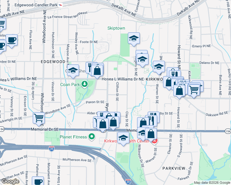 map of restaurants, bars, coffee shops, grocery stores, and more near 68 Clifton Street Southeast in Atlanta