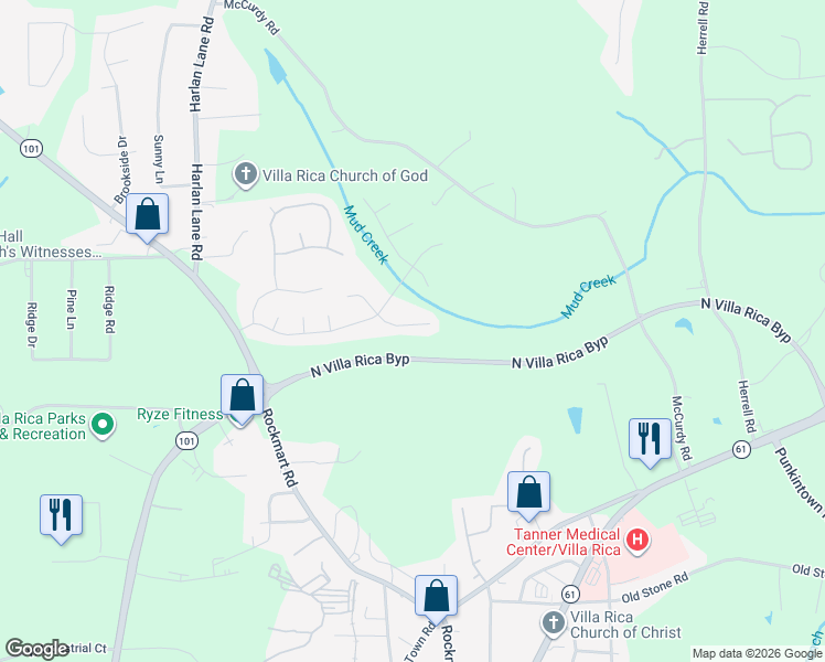 map of restaurants, bars, coffee shops, grocery stores, and more near 613 Hemlock Court in Villa Rica