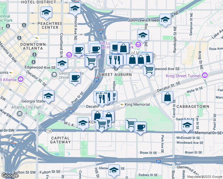 map of restaurants, bars, coffee shops, grocery stores, and more near 115 Hilliard Street Southeast in Atlanta