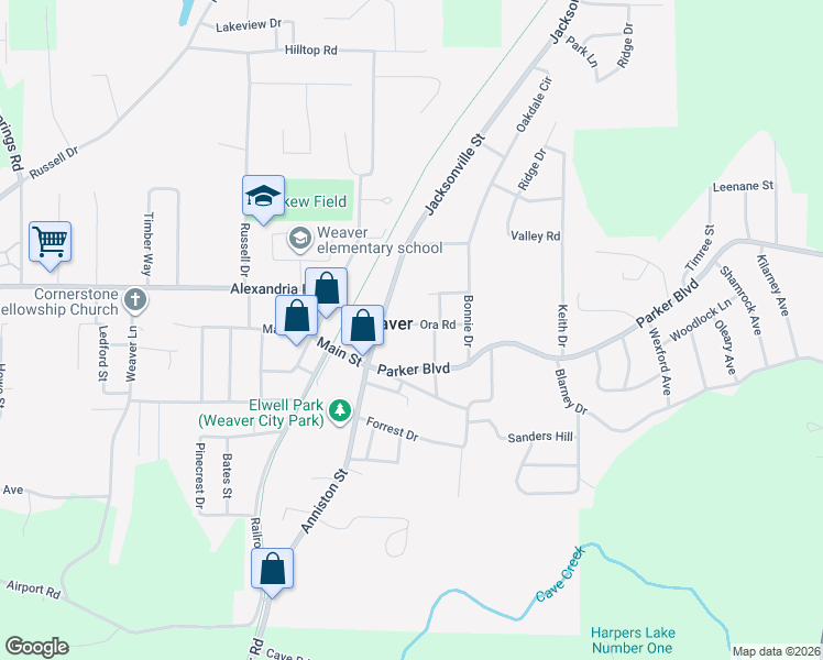 map of restaurants, bars, coffee shops, grocery stores, and more near 106 Ora Road in Weaver
