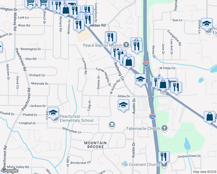 map of restaurants, bars, coffee shops, grocery stores, and more near 3755 Turner Heights Drive in Decatur