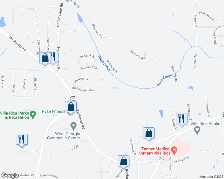 map of restaurants, bars, coffee shops, grocery stores, and more near 607 Hemlock Court in Villa Rica
