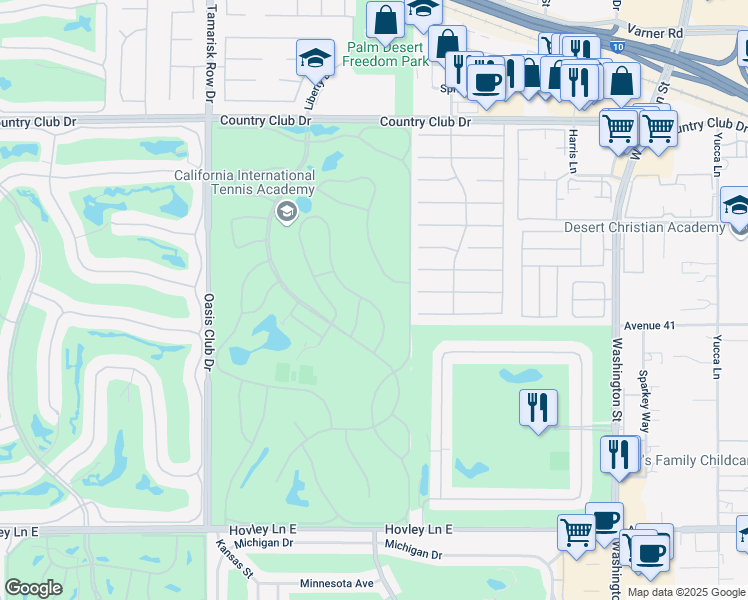 map of restaurants, bars, coffee shops, grocery stores, and more near 40856 La Costa Circle East in Palm Desert