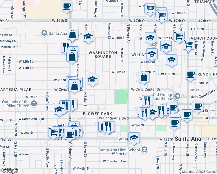 map of restaurants, bars, coffee shops, grocery stores, and more near 1051 West Civic Center Drive in Santa Ana