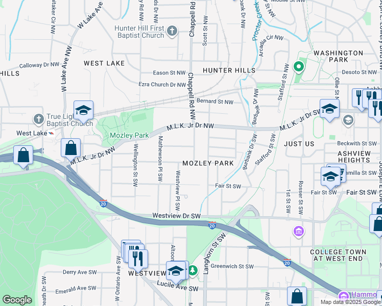 map of restaurants, bars, coffee shops, grocery stores, and more near 1407 Mozley Place Southwest in Atlanta