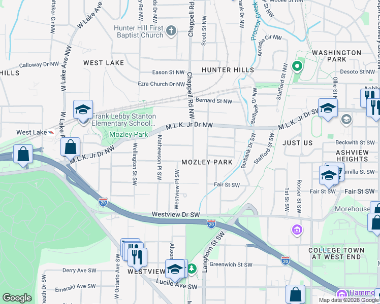 map of restaurants, bars, coffee shops, grocery stores, and more near 125 Chappell Road Southwest in Atlanta
